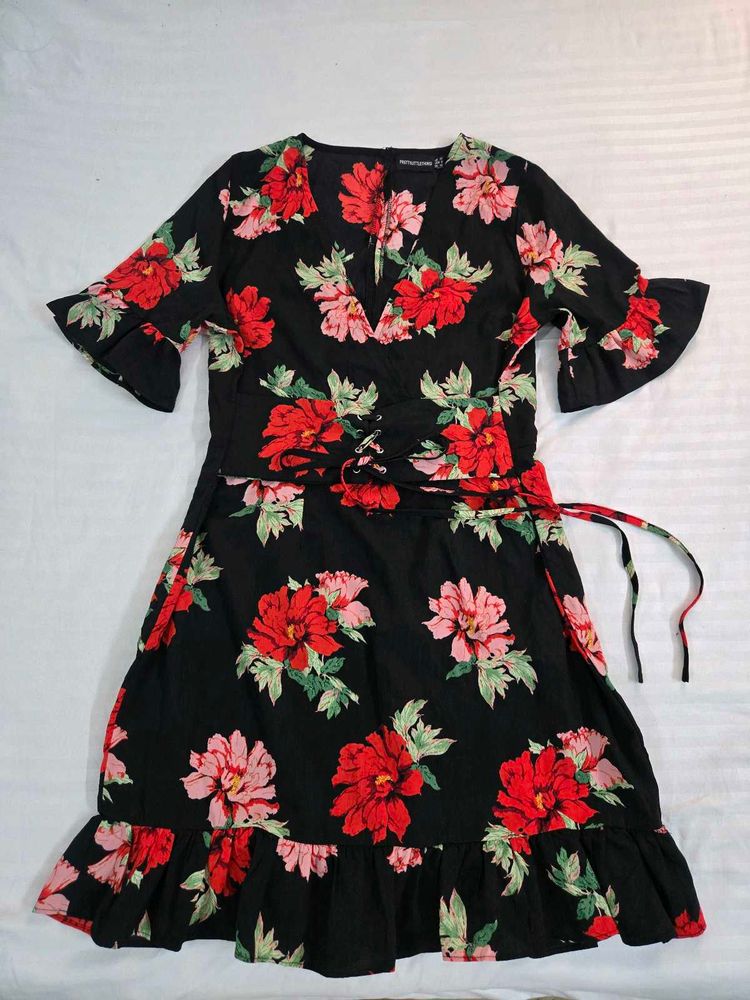 Floral Print Wrap Dress with Ruffle Sleeves