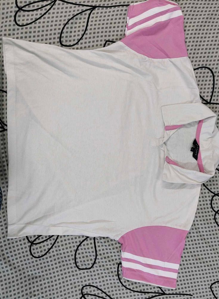 White &amp; Pink Striped Sleeve Polo neck tshirt