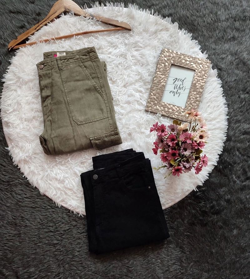 COMBO of olive green cargo &amp; Black straight jeans
