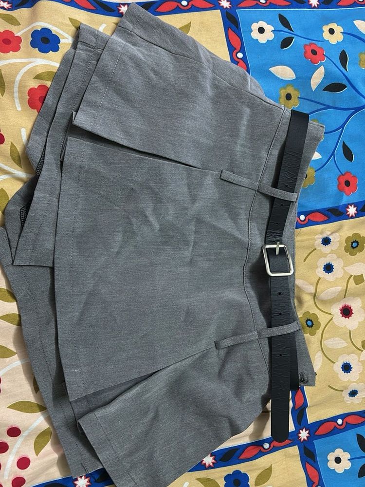 Grey Belted Pleated Shorts