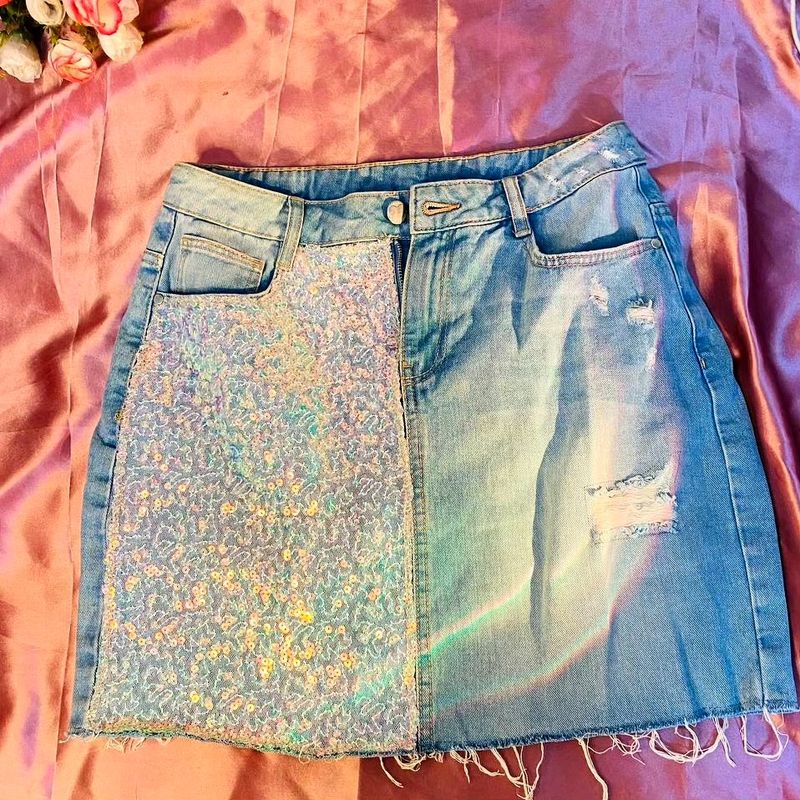 Shimmy Blue Ribbed Denim Skirt