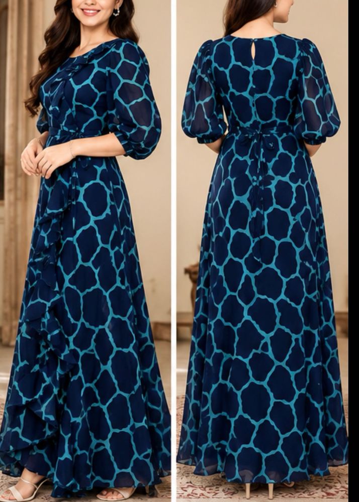 Elegant Navy &amp; Teal Giraffe Print Maxi Dress