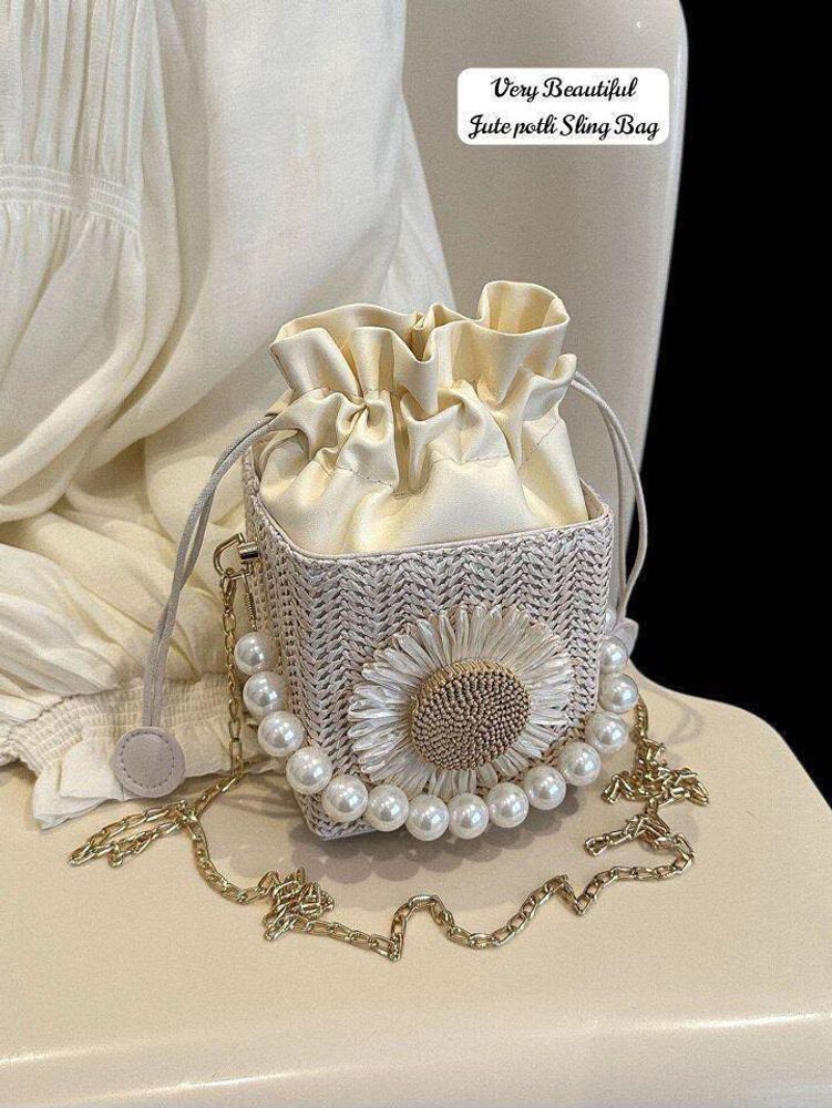 Elegant Pearl Embellished Jute Sling Bag