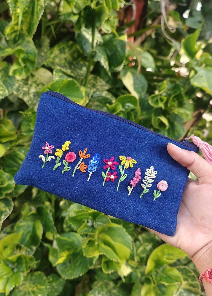 Embroidered Floral Blue Pouch