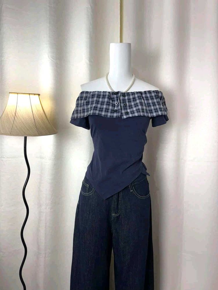 Off-Shoulder Plaid Top
