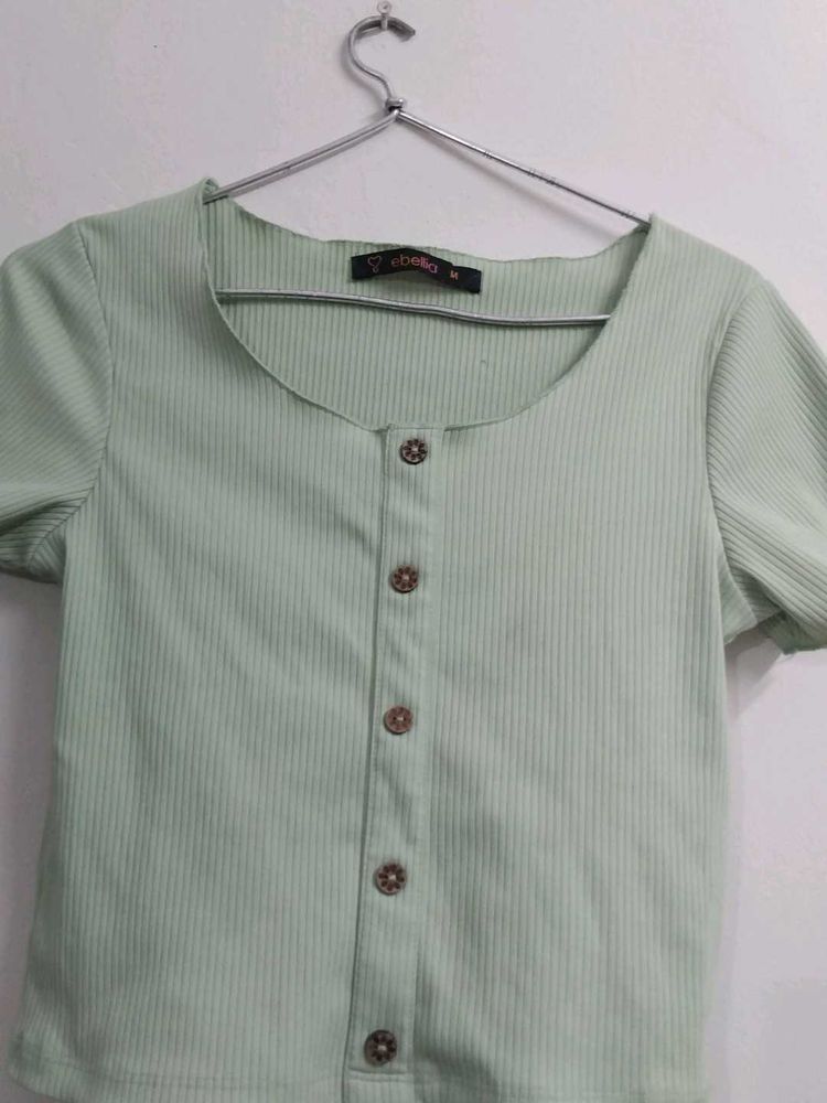 Light Green Ribbed Button-Up Top
