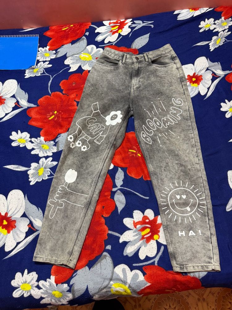 Grey Graffiti Print Jeans
