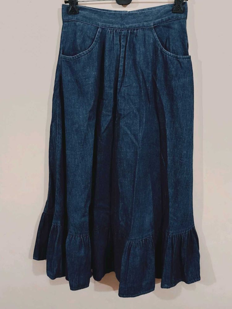 Denim Midi Skirt with Ruffle Hem