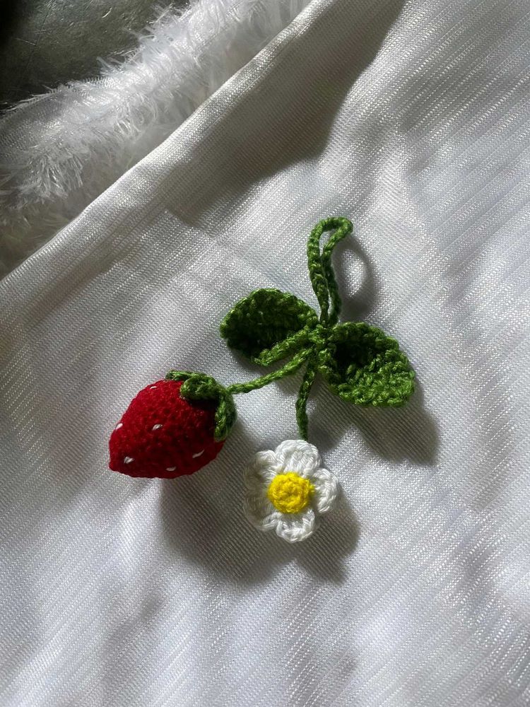 Handmade Crochet Strawberry &amp; Flower Charm