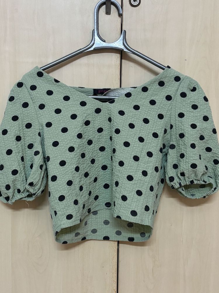 Mint Green Polka Dot Puff Sleeve Top