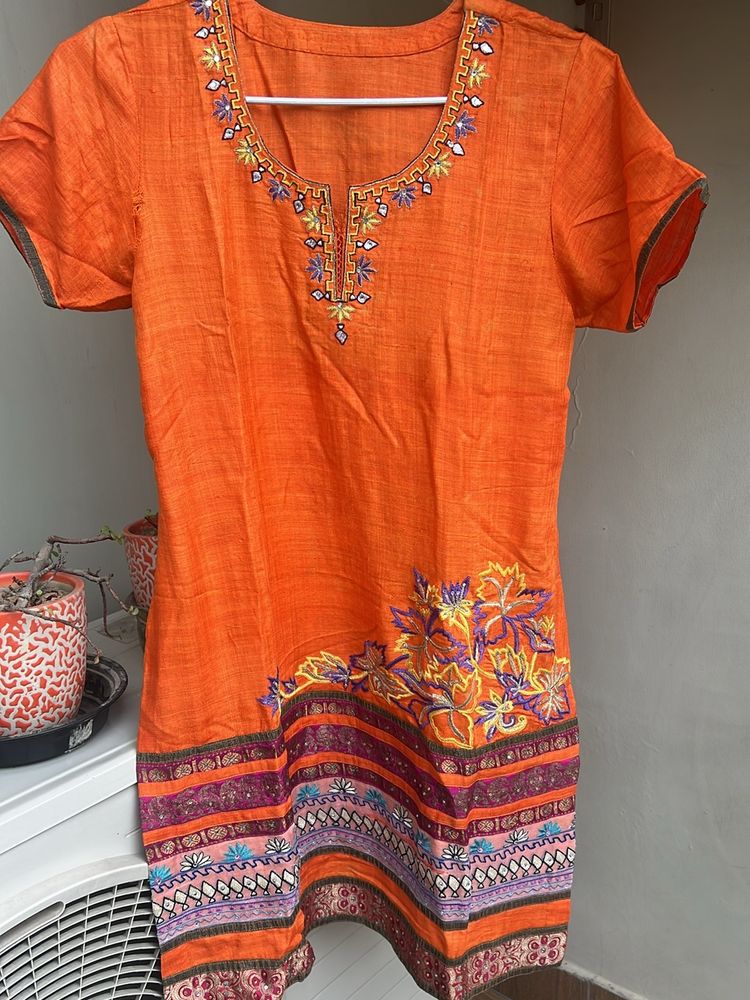 Matka Silk Orange Kurti