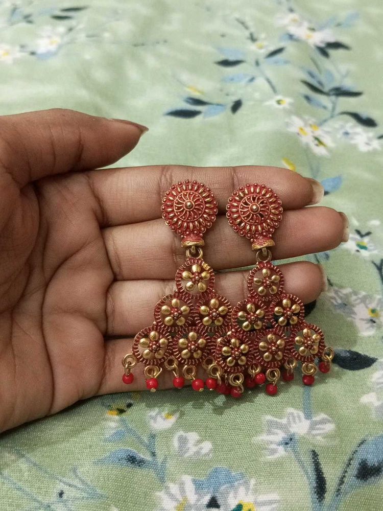 Boho Red &amp; Gold Floral Earrings