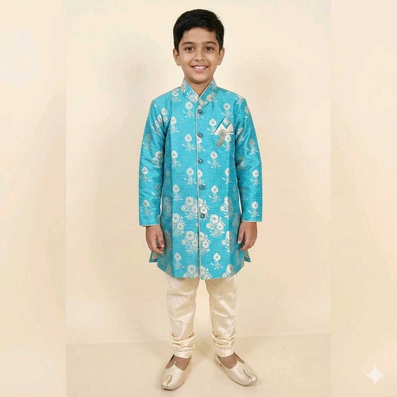 Teal Blue Kurta Set with Floral Print