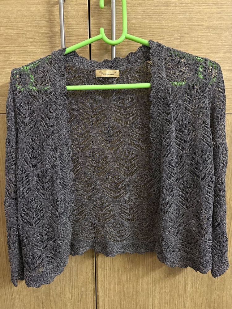 Chic Grey Crochet Open Front Cardigan