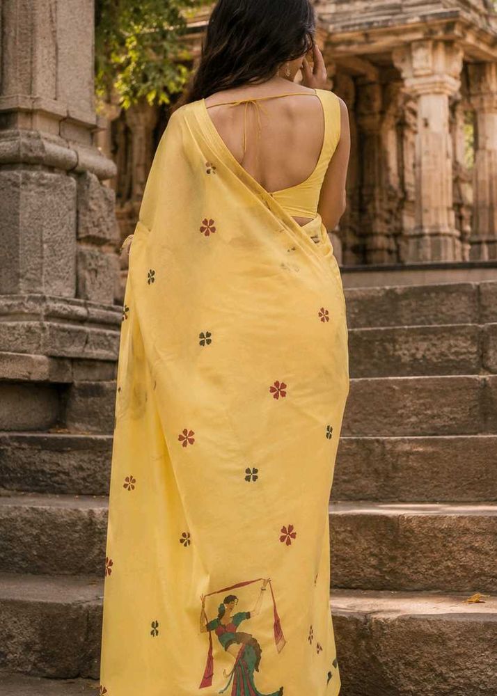 Yellow Cotton Saree with Floral Print