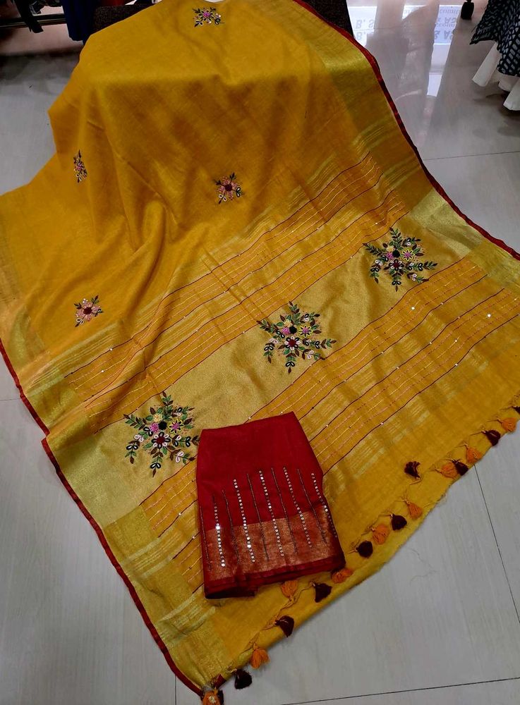 BRAND NEW HAND Embroidered LINEN Saree