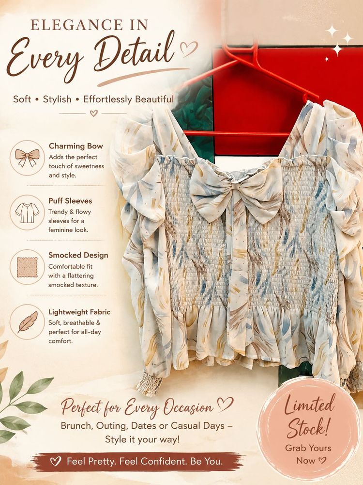 Women’s Elegant Smocked Bow Puff Sleeve Top | Soft