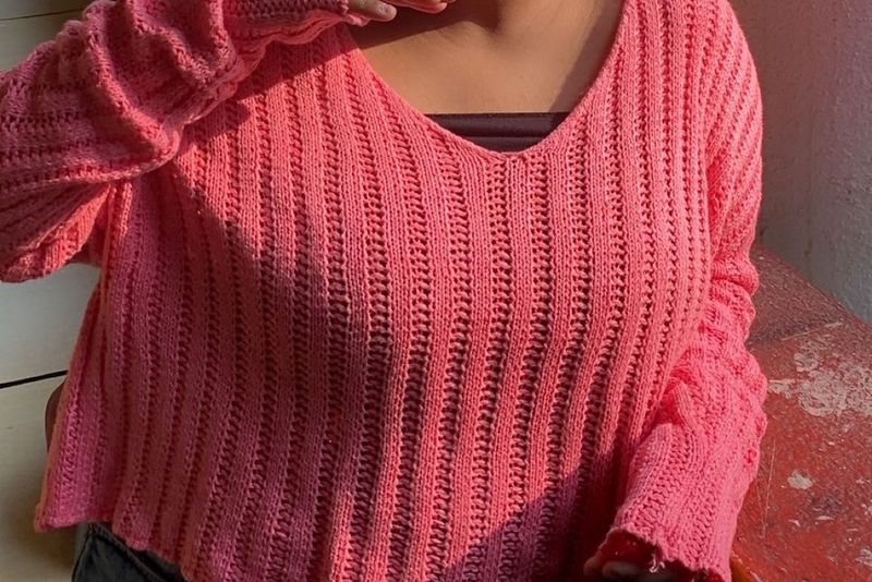 Coral Knit V-Neck Pullover