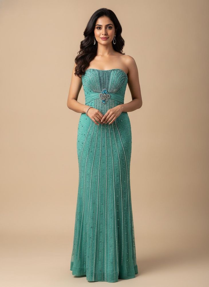 blue beaded gown