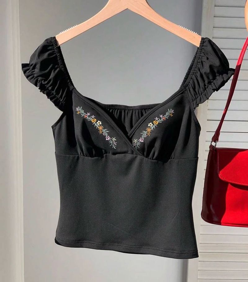 Embroidered Black Puff Sleeve Top