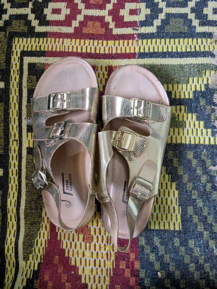 Gold Sandals with Buckle Detail