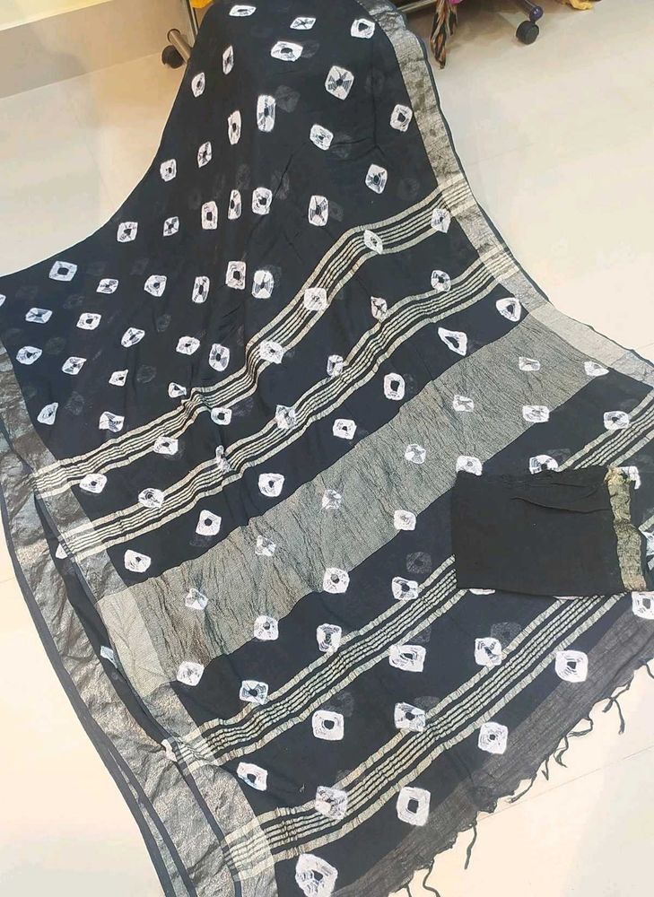 New Black Bandhani Print linen Saree with Blouse