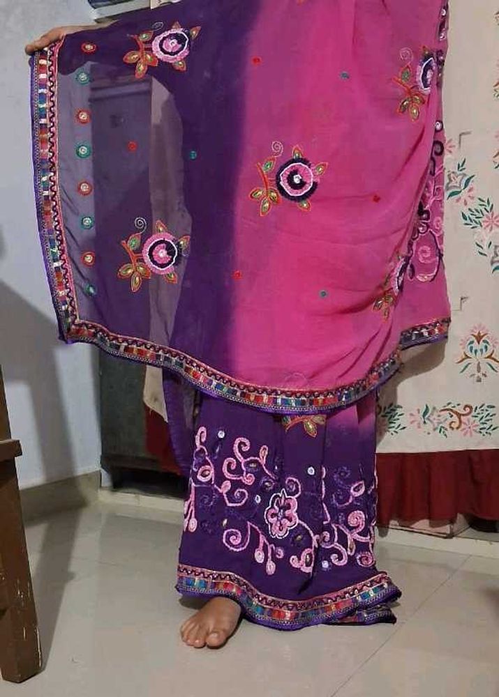Pink &amp; Purple Embroidered Saree