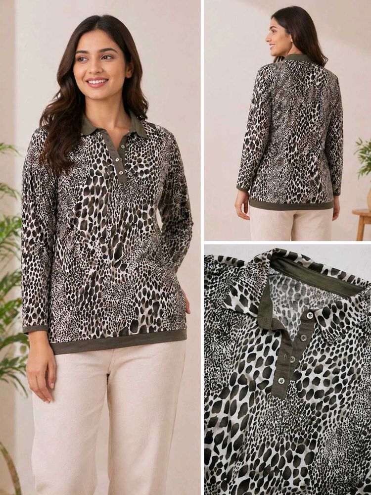 Chic Animal Print Long Sleeve Polo Top