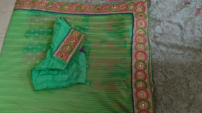 Vibrant Green Embroidered Saree with Blouse