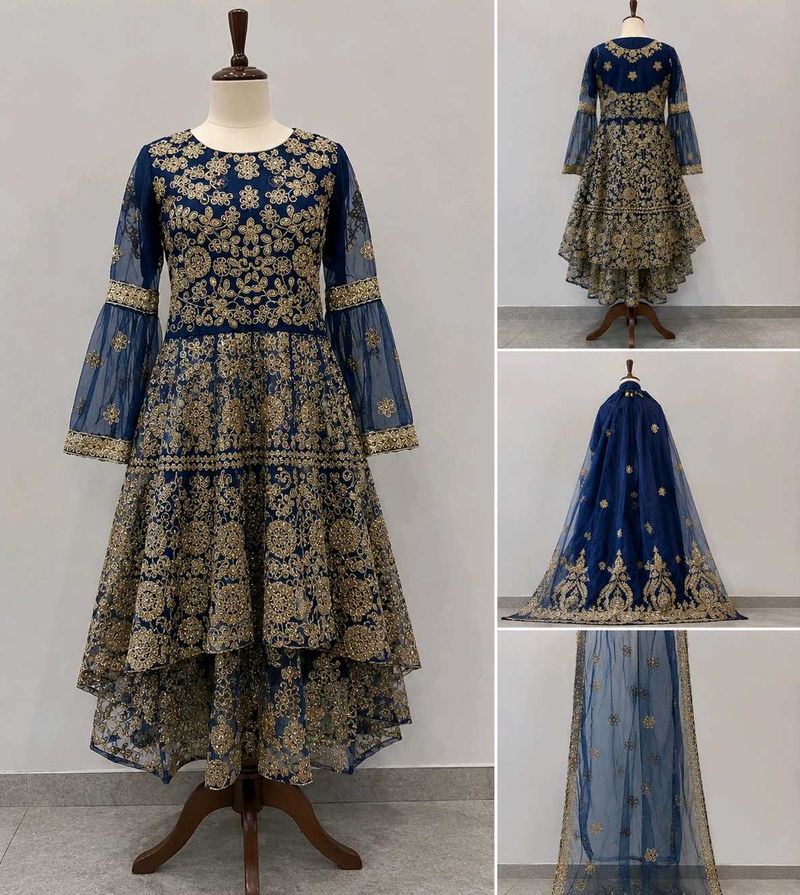 Exquisite Navy Blue Embroidered Gown
