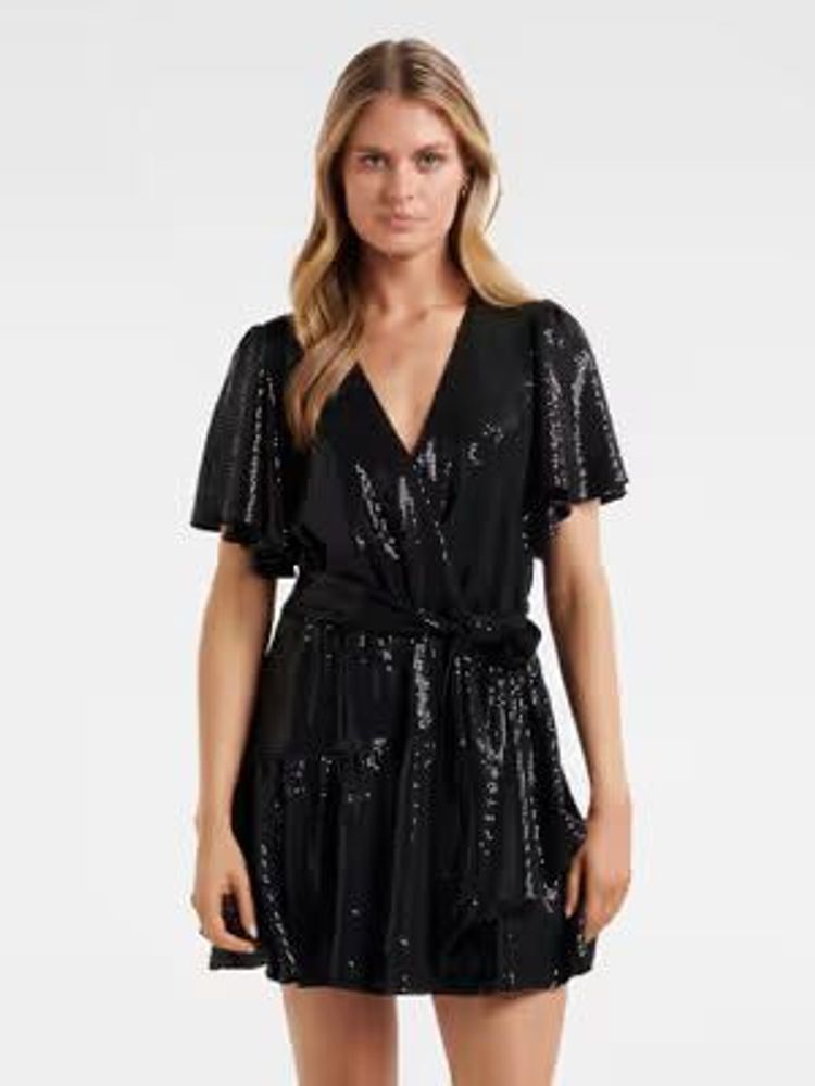 Sparkling Black Sequined Wrap Dress