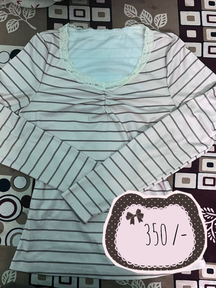 Striped Long Sleeve Top with Lace Detail