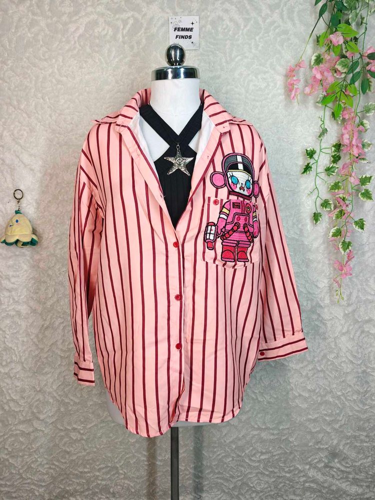 Pink Striped Cartoon Astronaut Shirt