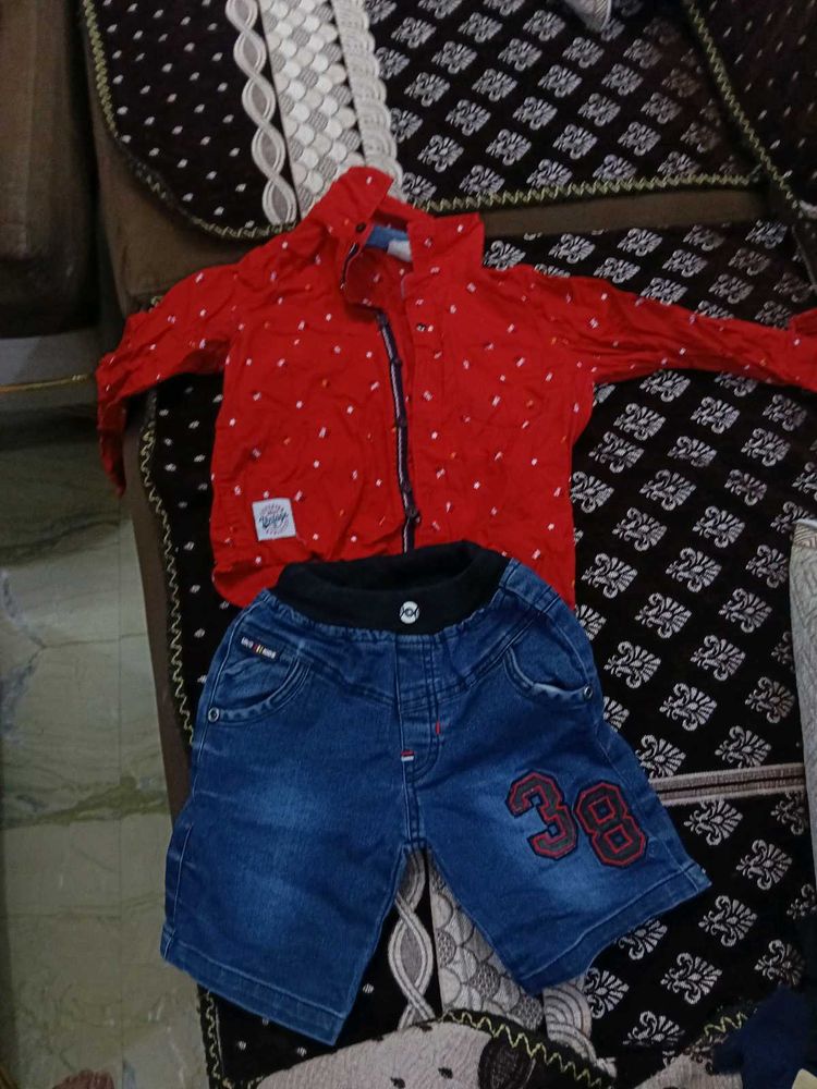 Red Printed Shirt &amp; Denim Shorts Set for 2-4 yrs o