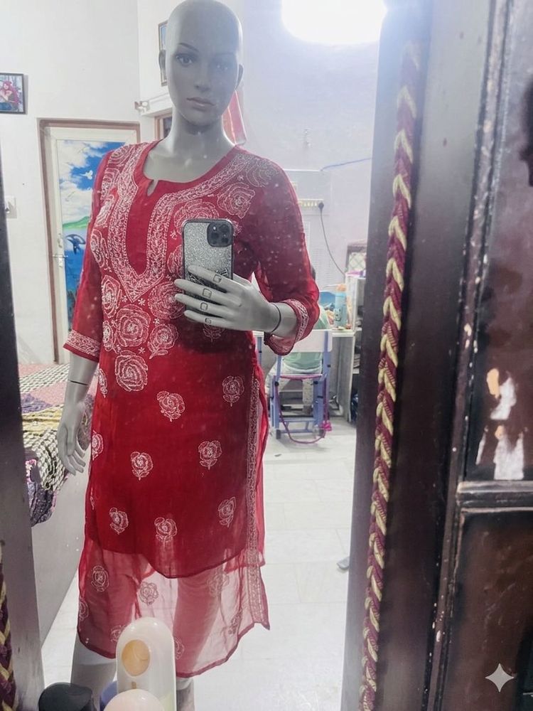 Vibrant Red Chikankari Kurta