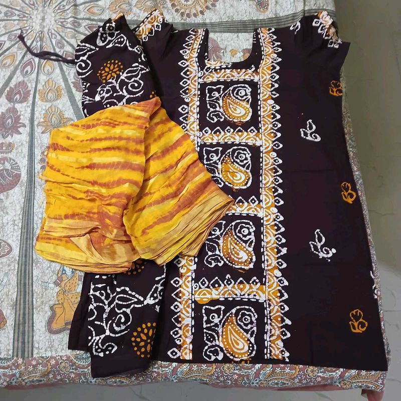 Beautiful Brown Kurta with Yellow Dupatta