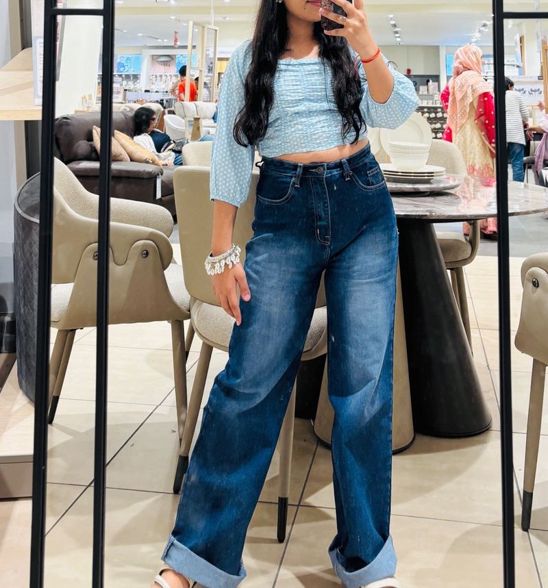 Stylish Wide Leg Blue Denim Jeans