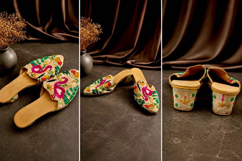 Embroidered Mules with Flamingo Design