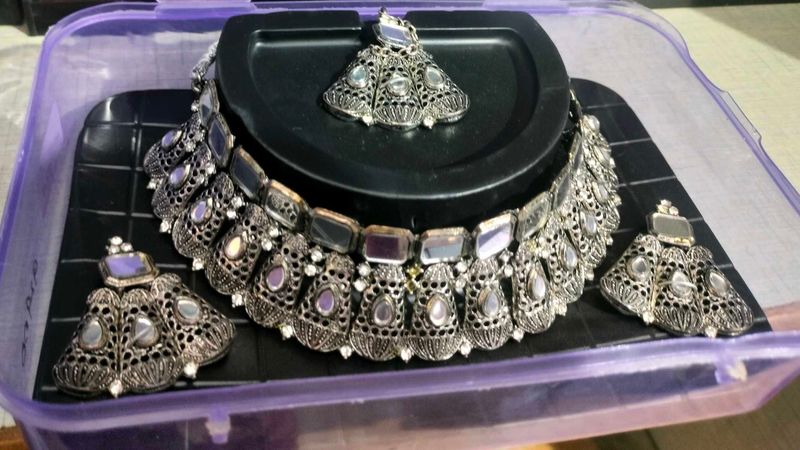 Ethnic Silver Oxidized Choker Necklace Set