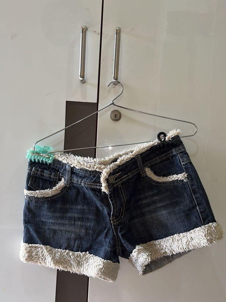 Denim Shorts with Fur Trim