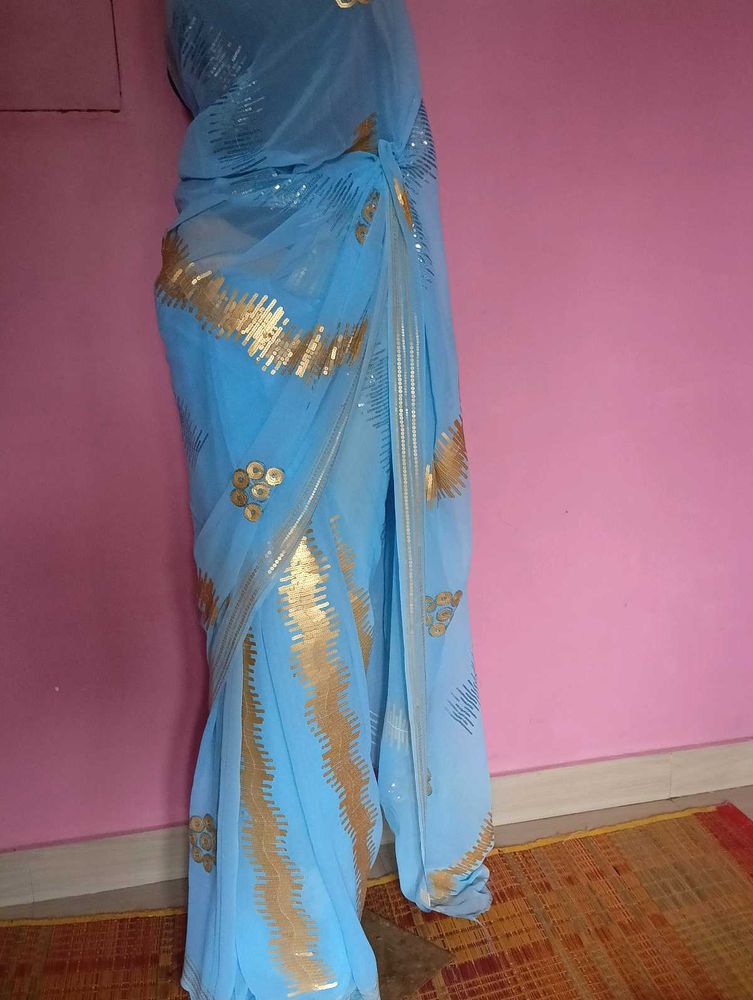 New Light Blue Party Wear Saree With Blouse Piece