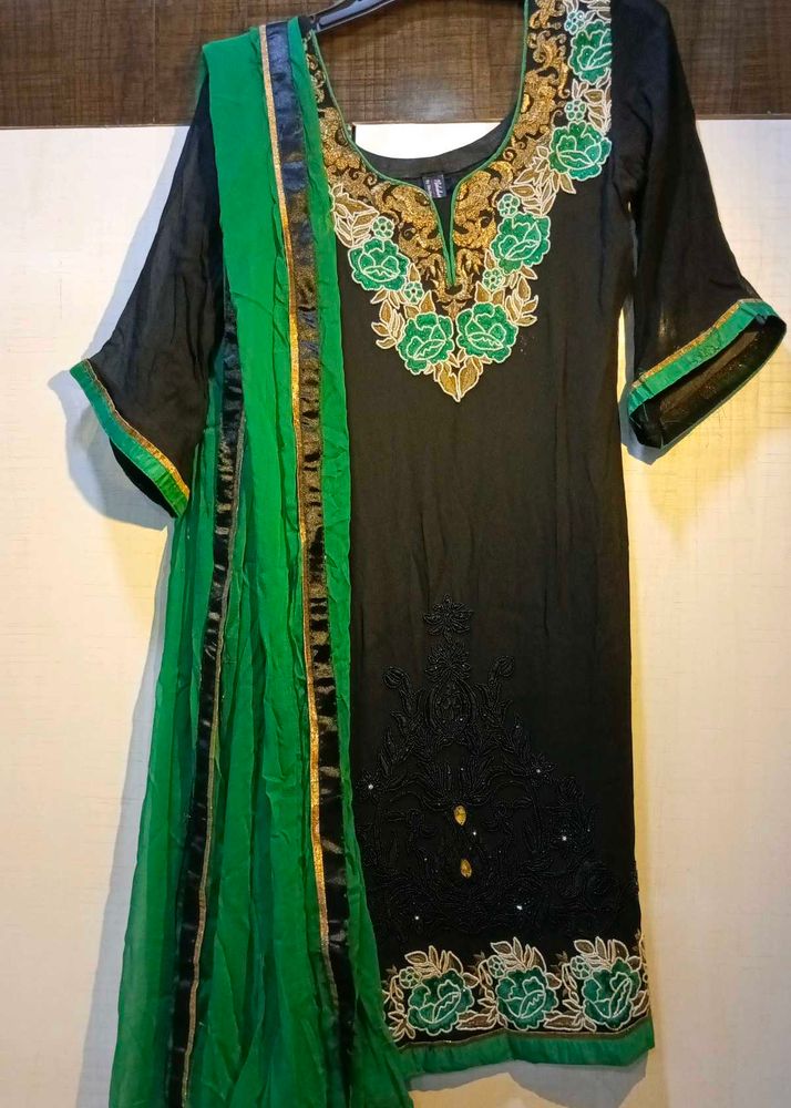 Black &amp; Green Embroidered Suit And Dupatta