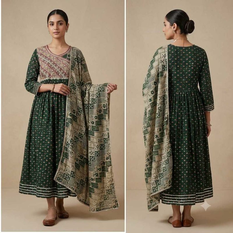 Elegant Green Printed Kurta with Dupatta