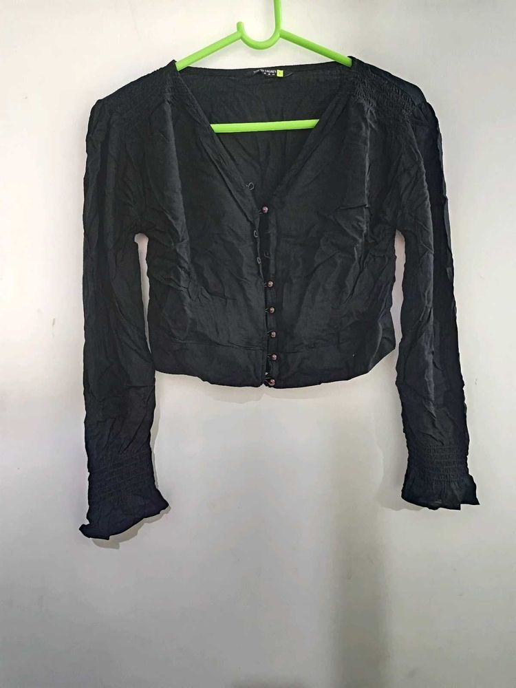 Black Cropped Button-Up Top