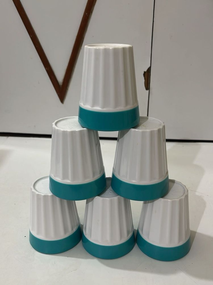 Set of 6 White &amp; Teal Tumblers