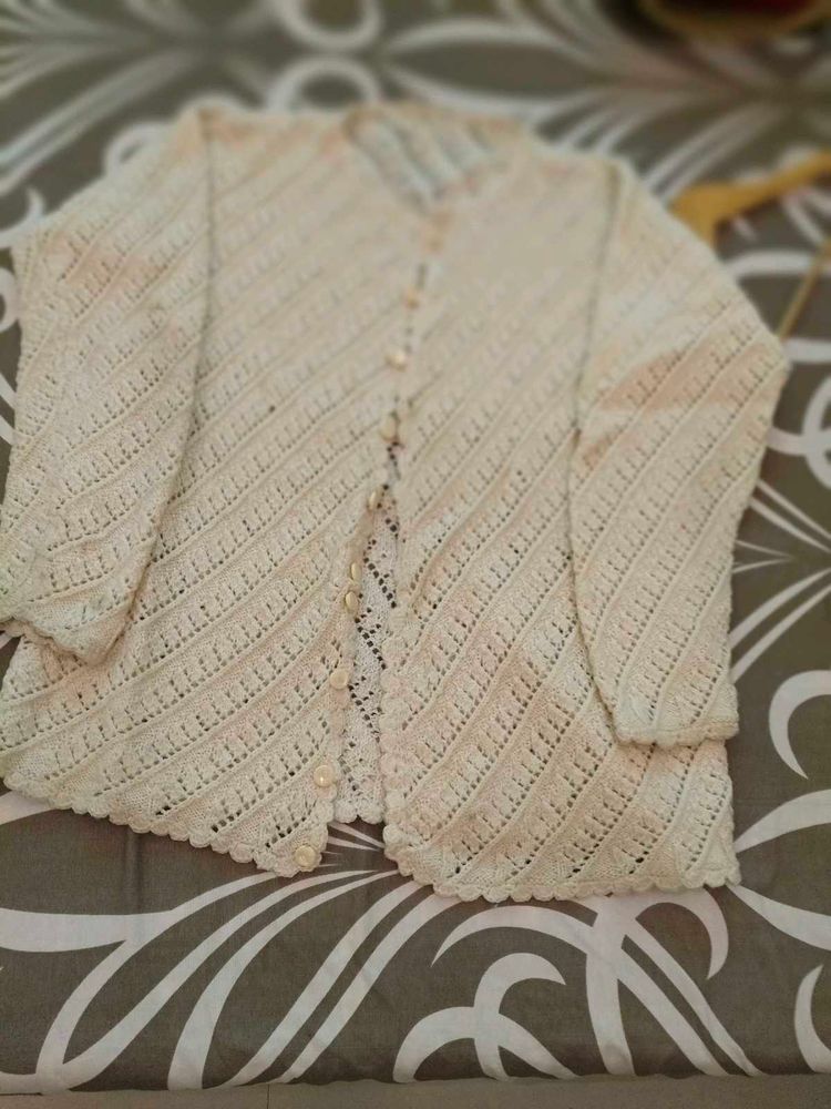 Cream Crochet Knit Cardigan