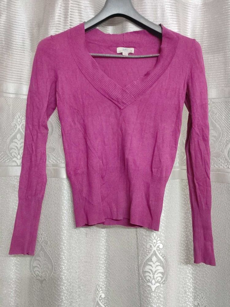 Pink V-Neck Long Sleeve Sweater