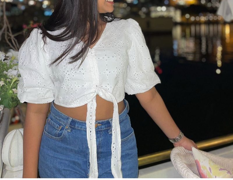 Chic White Embroidered Tie-Front Top