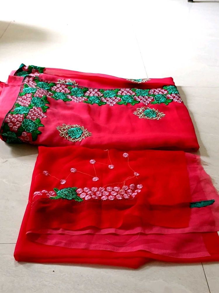 Embroidered Red Saree with blouse piec