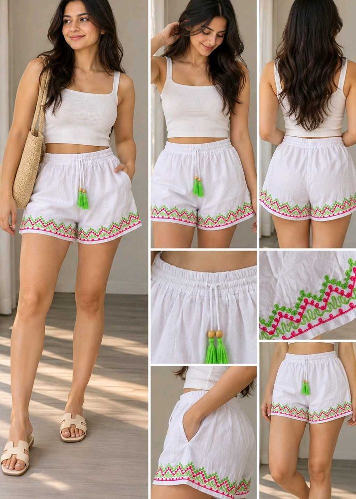 White Embroidered Cotton Shorts